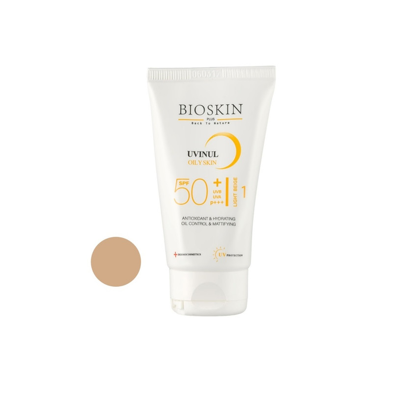 کرم ضد آفتاب رنگی بژ روشن بایو اسکین پلاس SPF 50 مدل OS محافظ UVA ،UVB و PA+++،مناسب برای پوست‌ چرب و مختلط حجم ۴۰ میلی‌لیتر