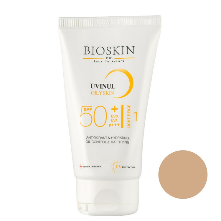 کرم ضد آفتاب رنگی بژ روشن بایو اسکین پلاس SPF 50 مدل OS محافظ UVA ،UVB و PA+++،مناسب برای پوست چرب و مختلط حجم ۴۰ میلیلیتر