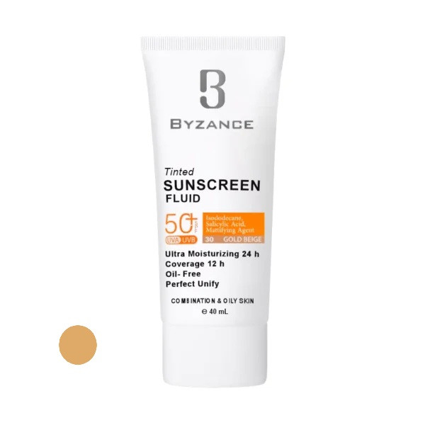 کرم ضد آفتاب رنگی صورت بیزانس SPF 50 مدل Gold Beight 30 ‌محافظ در برابر UVA/UVB مناسب برای پوست چرب و مختلط حجم 40 میلی‌لیتر