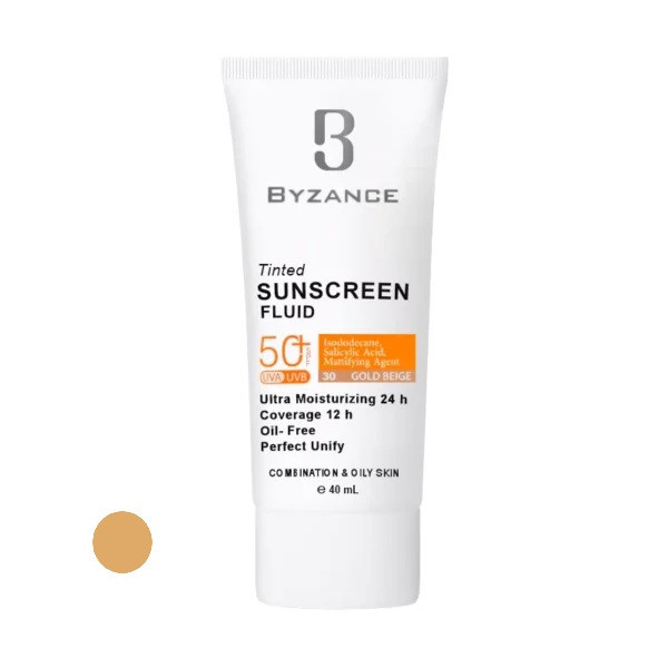 کرم ضد آفتاب رنگی صورت بیزانس SPF 50 مدل Gold Beight 30 محافظ در برابر UVA/UVB مناسب برای پوست چرب و مختلط حجم 40 میلیلیتر