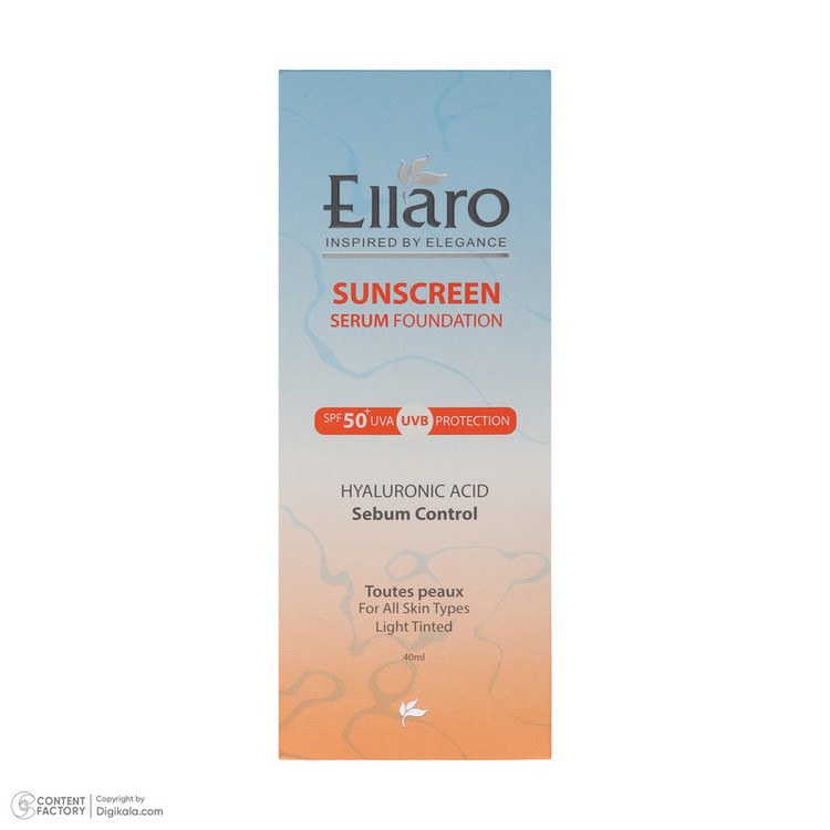 سرم ضد آفتاب رنگی light tinted صورت الارو SPF50 مدل Hyaluronic acid محافظ در برابر اشعه UVA و UVB مناسب برای انواع پوست حجم 40 میلیلیتر