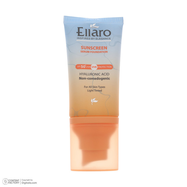 سرم ضد آفتاب رنگی light tinted صورت الارو SPF50 مدل Hyaluronic acid محافظ در برابر اشعه UVA و UVB مناسب برای انواع پوست حجم 40 میلیلیتر