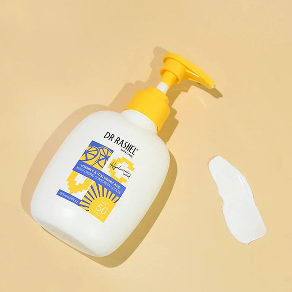 لوسیون ضد آفتاب بدون رنگ دکتر راشل SPF 50 مدل ویتامین سی مناسب برای انواع پوست حجم 180 میلیلیتر