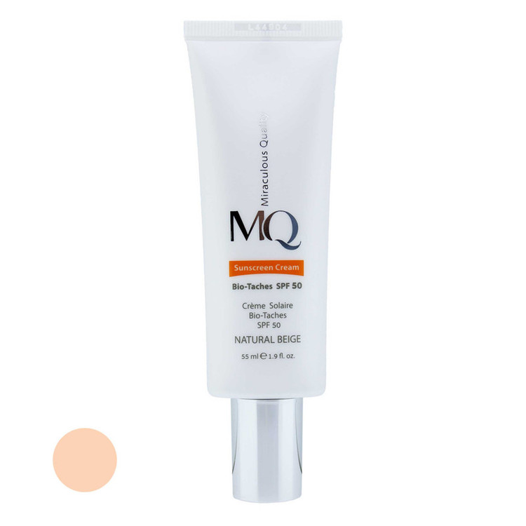 کرم ضدآفتاب رنگی ام کیو SPF50 مدل NATURAL BEIGE BIO TACHES مناسب انواع پوست، حجم 55 میلیلیتر