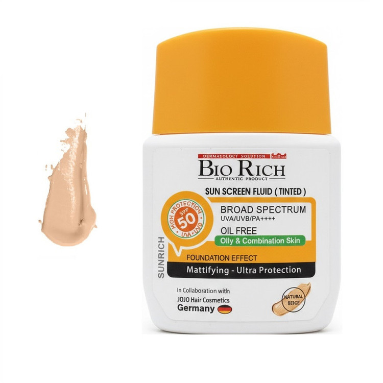 فلوئید ضد آفتاب رنگی صورت بایوریچ SPF 50 مدل BROAD SPECTRUM محافظ UVA ،UVB و PA+++،مناسب برای پوست چرب و مختلط حجم 50 میلیلیتر
