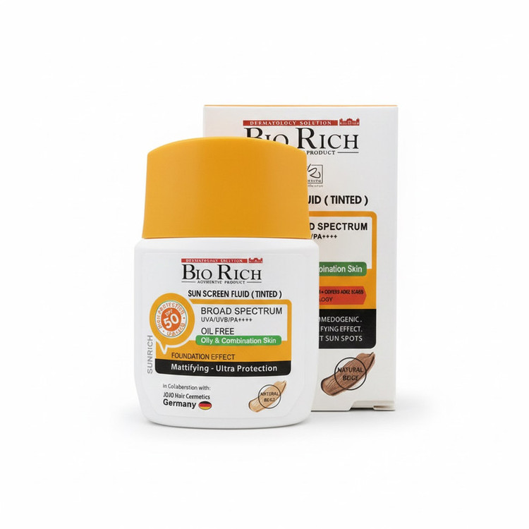 فلوئید ضد آفتاب رنگی صورت بایوریچ SPF 50 مدل BROAD SPECTRUM محافظ UVA ،UVB و PA+++،مناسب برای پوست چرب و مختلط حجم 50 میلیلیتر