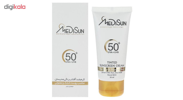 کرم ضد آفتاب رنگی مدیسان SPF 50 مدل Tinted مناسب پوستهای خشک و معمولی حجم 50 میلیلیتر