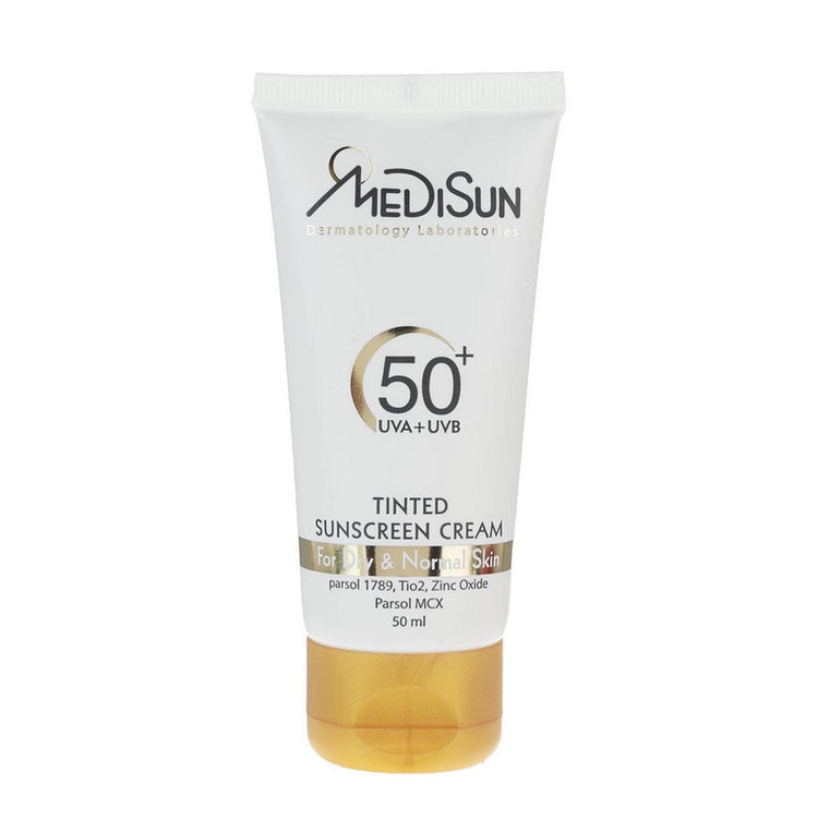 کرم ضد آفتاب رنگی مدیسان SPF 50 مدل Tinted مناسب پوستهای خشک و معمولی حجم 50 میلیلیتر