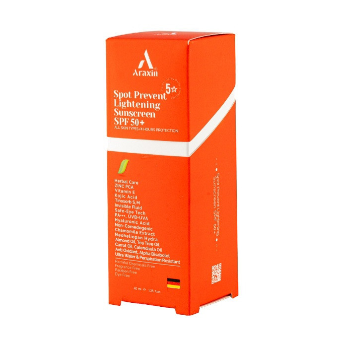 کرم ضد آفتاب بیرنگ صورت آراکسین SPF 50 مدل ضد لک محافظ UVA ، UVB مناسب برای انواع پوست حجم ۴۰ میلی لیتر
