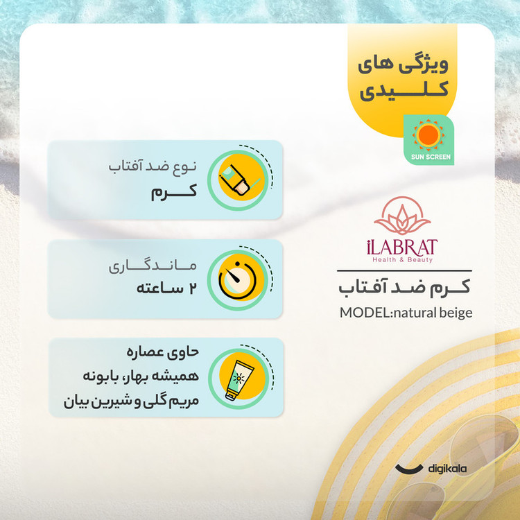 کرم ضدآفتاب رنگی ایلابرت +SPF50 مدل ضدلک natural beige، مناسب پوستهای چرب و معمولی، حجم 40 میلیلیتر