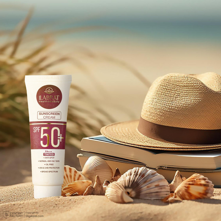 کرم ضدآفتاب رنگی ایلابرت +SPF50 مدل ضدلک natural beige، مناسب پوستهای چرب و معمولی، حجم 40 میلیلیتر