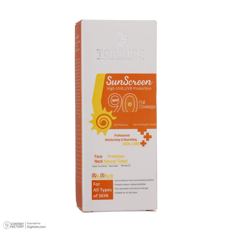 کرم ضدآفتاب بیرنگ تاپ شاپ مدل SPF90 مناسب انواع پوست، حجم 50 میلیلیتر
