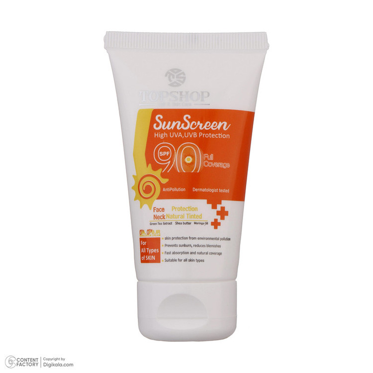کرم ضدآفتاب بیرنگ تاپ شاپ مدل SPF90 مناسب انواع پوست، حجم 50 میلیلیتر