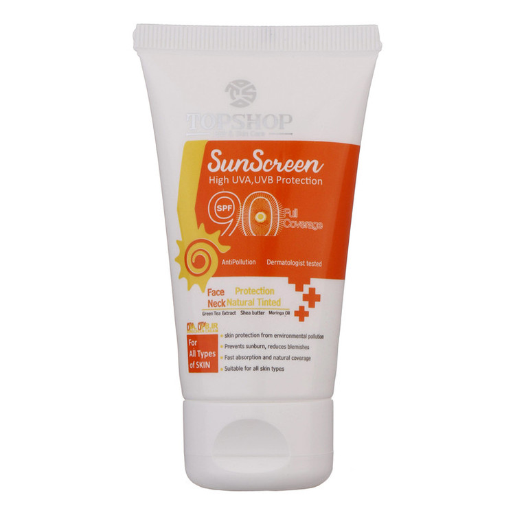 کرم ضدآفتاب بیرنگ تاپ شاپ مدل SPF90 مناسب انواع پوست، حجم 50 میلیلیتر