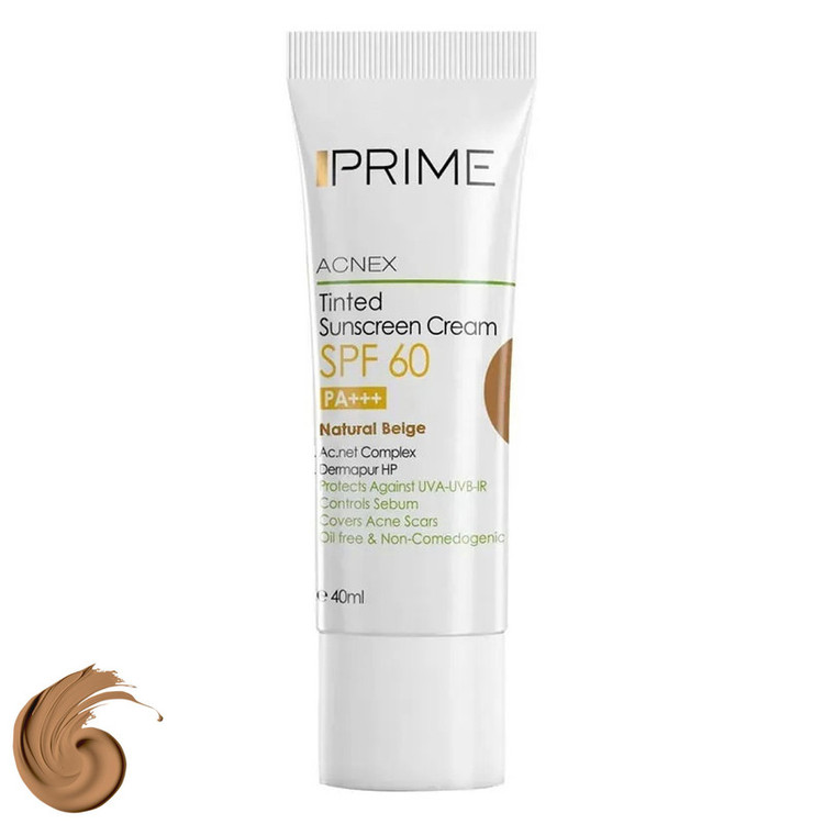 کرم ضدآفتاب رنگی پرایم، 60 SPF، مدل 02، مناسب پوست چرب و مختلط تنالیته رنگ متوسط و حجم 40 میلیلیتر، محافظت کننده در برابر اشعه UVA،IRو UVB، کنترل کننده ترشح سبوم، فاقد چربی و غیر کومدونزا، +++PA، پوشش دهنده جای جوش، با ماندگاری 3 ساعته