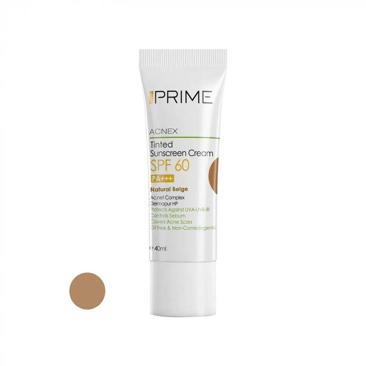کرم ضدآفتاب رنگی پرایم، 60 SPF، مدل 02، مناسب پوست چرب و مختلط تنالیته رنگ متوسط و حجم 40 میلیلیتر، محافظت کننده در برابر اشعه UVA،IRو UVB، کنترل کننده ترشح سبوم، فاقد چربی و غیر کومدونزا، +++PA، پوشش دهنده جای جوش، با ماندگاری 3 ساعته
