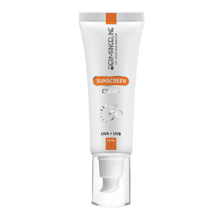 کرم ضد آفتاب بدون رنگ درمنجلین SPF 50 مدل UVA UVB مناسب انواع پوست حجم 50 میلیلیتر