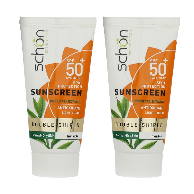 کرم ضد آفتاب بدون رنگ شون spf50 مدل دابل شیلد مناسب انواع پوست حجم 50 میلی‌لیتر بسته دو عددی