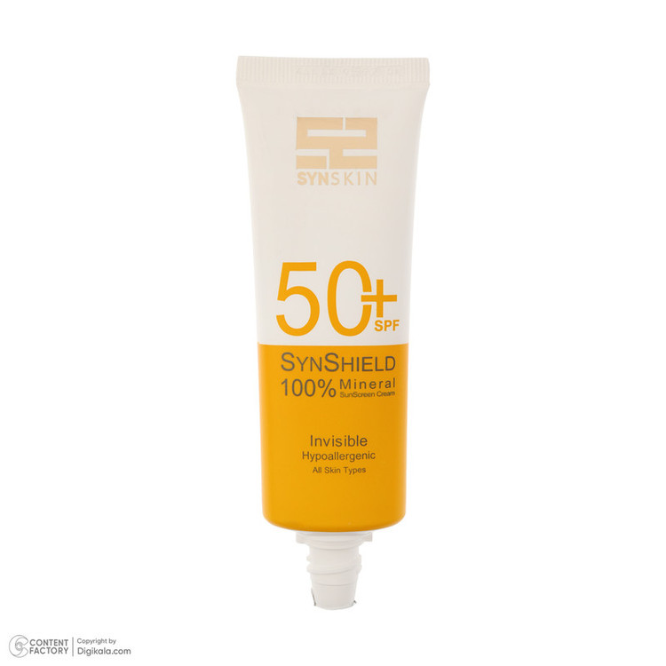کرم ضد آفتاب بدون رنگ ساین اسکین SPF 50 مدل SYN Shield Mineral محافظ UVA ،UVB، ضد حساسیت، مناسب انواع پوست حجم 50 میلیلیتر