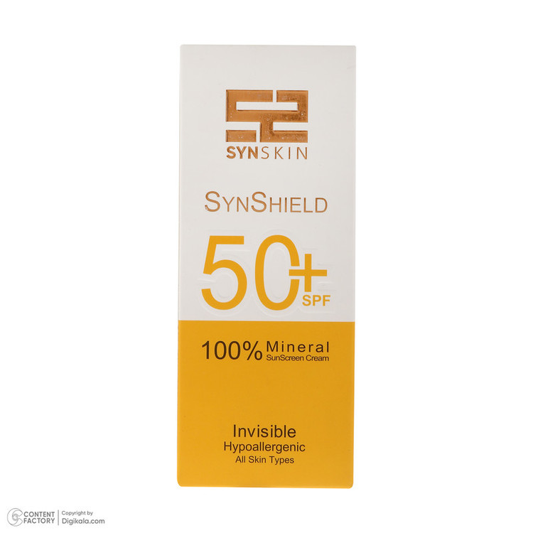 کرم ضد آفتاب بدون رنگ ساین اسکین SPF 50 مدل SYN Shield Mineral محافظ UVA ،UVB، ضد حساسیت، مناسب انواع پوست حجم 50 میلیلیتر