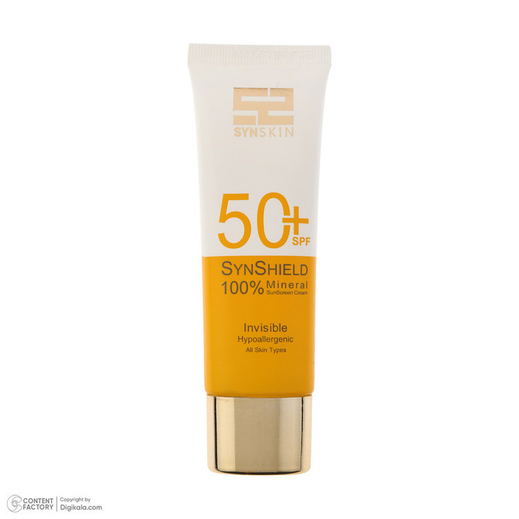کرم ضد آفتاب بدون رنگ ساین اسکین SPF 50 مدل SYN Shield Mineral محافظ UVA ،UVB، ضد حساسیت، مناسب انواع پوست حجم 50 میلیلیتر