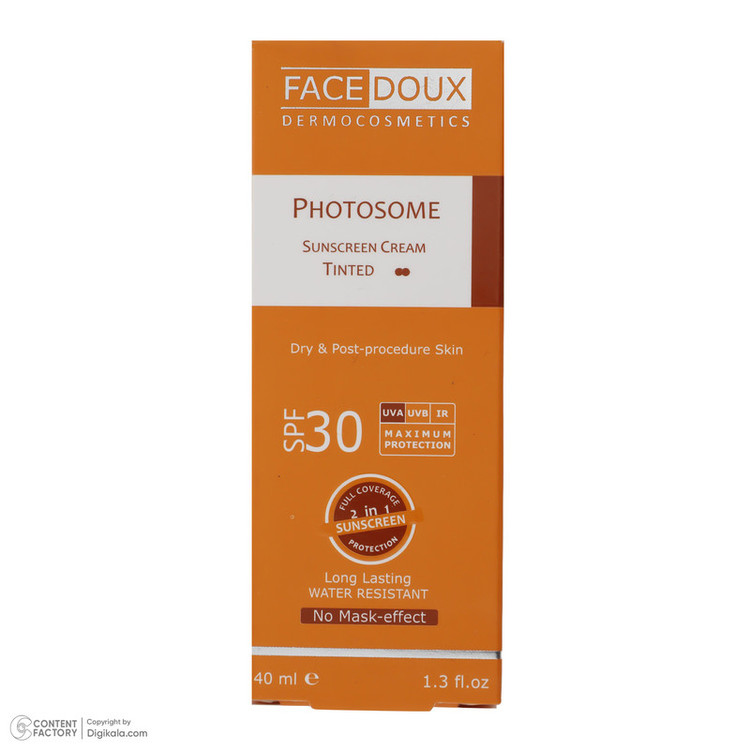 کرم ضد آفتاب رنگی فیس دوکس SPF 30 مدل photosome 02 محافظ اشعه UVA و UVB، ضد آب، مناسب پوست های خشک حجم 40 میلی لیتر