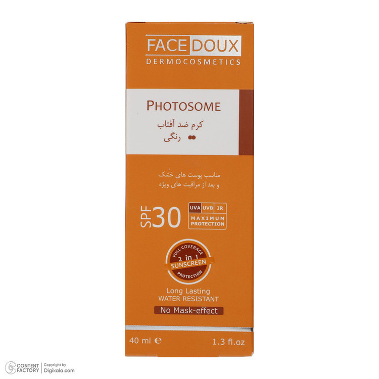 کرم ضد آفتاب رنگی فیس دوکس SPF 30 مدل photosome 02 محافظ اشعه UVA و UVB، ضد آب، مناسب پوست های خشک حجم 40 میلی لیتر