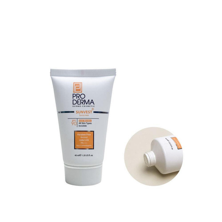 کرم ضد آفتاب رنگی پرودرما، SPF 90، مدل 90 Sunvest، مناسب انواع پوست با تنالیته متوسط و حجم 40 میلی لیتر، ضدآب، فاقد پارابن، محافظتکننده در برابر اشعههای UVA و UVB و غیر کومدونزا، PA+++، ضد چروک، دارای فرمولاسیون ویتامین C، با ماندگاری 2 ساعته