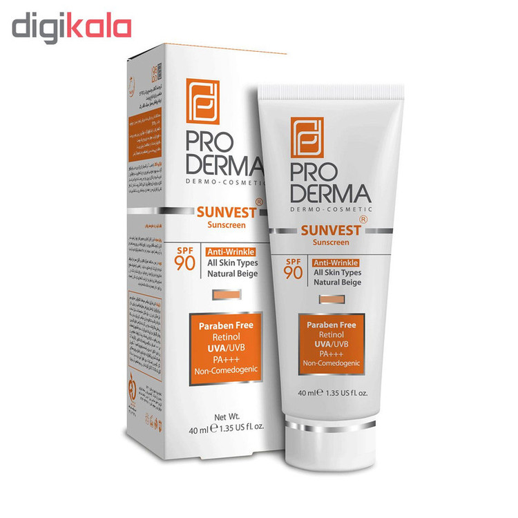 کرم ضد آفتاب رنگی پرودرما، SPF 90، مدل 90 Sunvest، مناسب انواع پوست با تنالیته متوسط و حجم 40 میلی لیتر، ضدآب، فاقد پارابن، محافظتکننده در برابر اشعههای UVA و UVB و غیر کومدونزا، PA+++، ضد چروک، دارای فرمولاسیون ویتامین C، با ماندگاری 2 ساعته