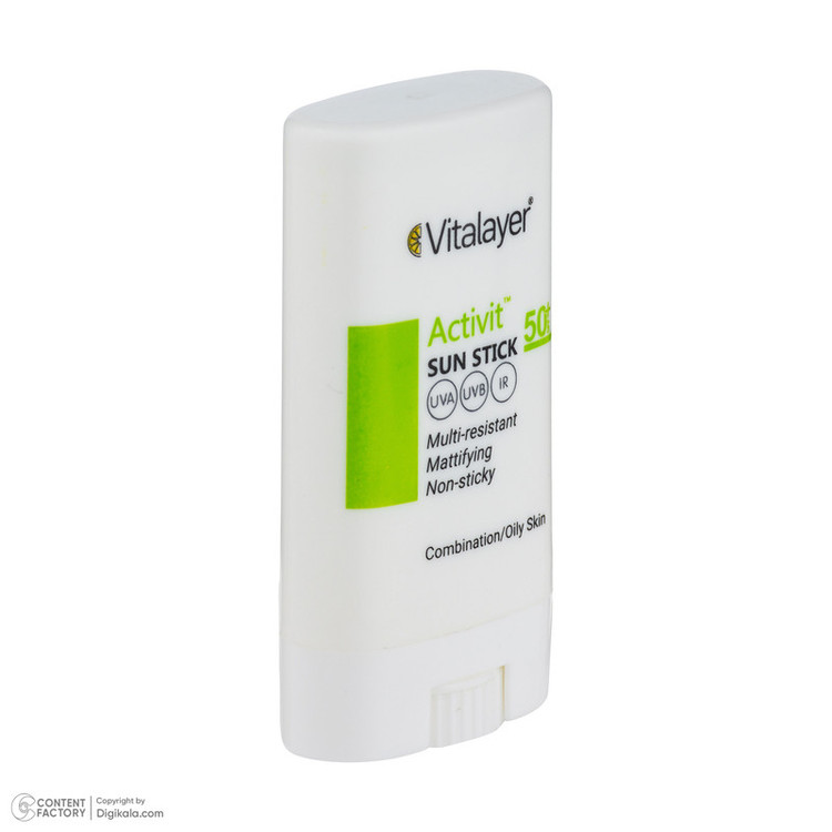 استیک ضد آفتاب بیرنگ صورت ویتالیر SPF 50 مدل اکتیویت محافظ در برابر اشعه UVA و UVB مناسب برای پوست چرب و مختلط حجم 20 میلیلیتر