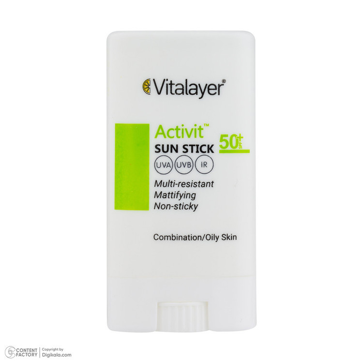 استیک ضد آفتاب بیرنگ صورت ویتالیر SPF 50 مدل اکتیویت محافظ در برابر اشعه UVA و UVB مناسب برای پوست چرب و مختلط حجم 20 میلیلیتر