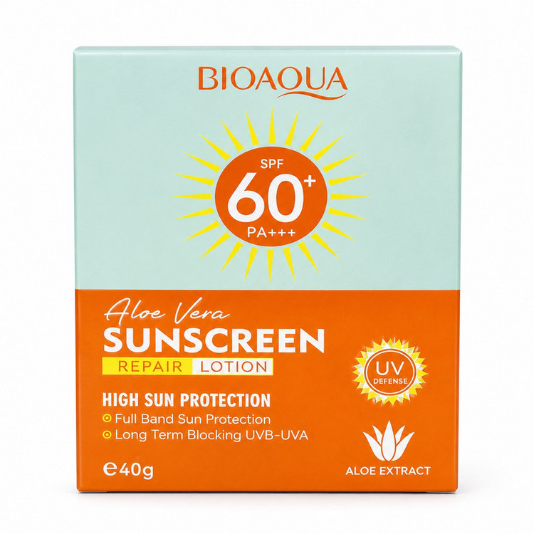 کرم ضد آفتاب بیرنگ صورت بایو آکوا SPF 60 مدل Aloe Vera محافظ در برابر PA+++ مناسب برای انواع پوست حجم 40 میلیلیتر