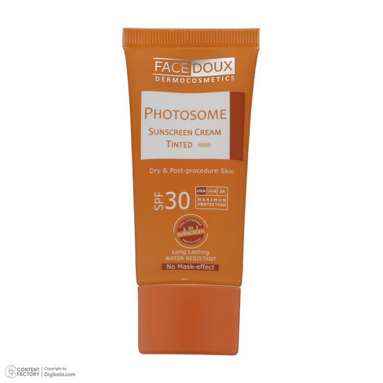 کرم ضد آفتاب رنگی فیس دوکس SPF 30 مدل فوتوزوم محافظ اشعه UVA و UVB، ضد آب، مناسب پوستهای خشک حجم 40 میلیلیتر