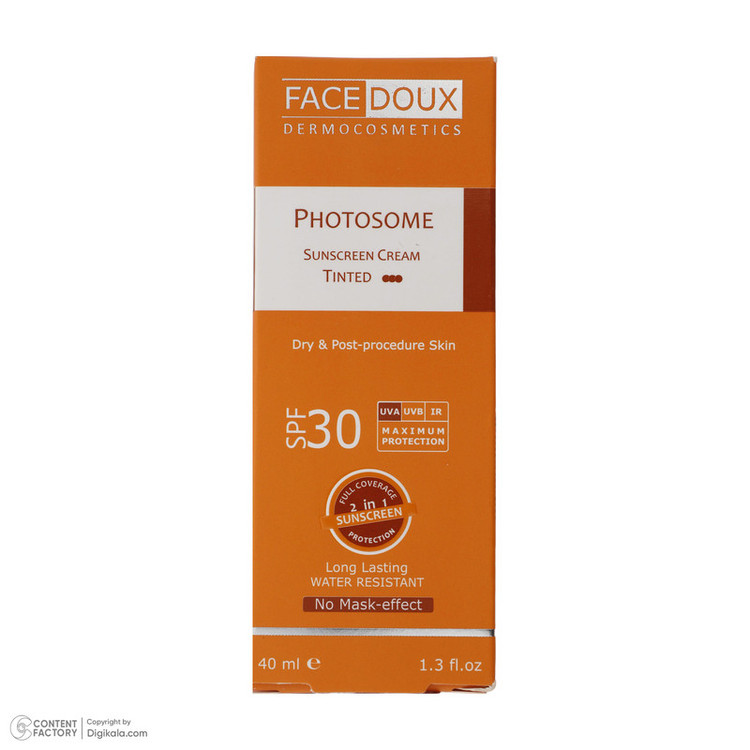 کرم ضد آفتاب رنگی فیس دوکس SPF 30 مدل فوتوزوم محافظ اشعه UVA و UVB، ضد آب، مناسب پوستهای خشک حجم 40 میلیلیتر