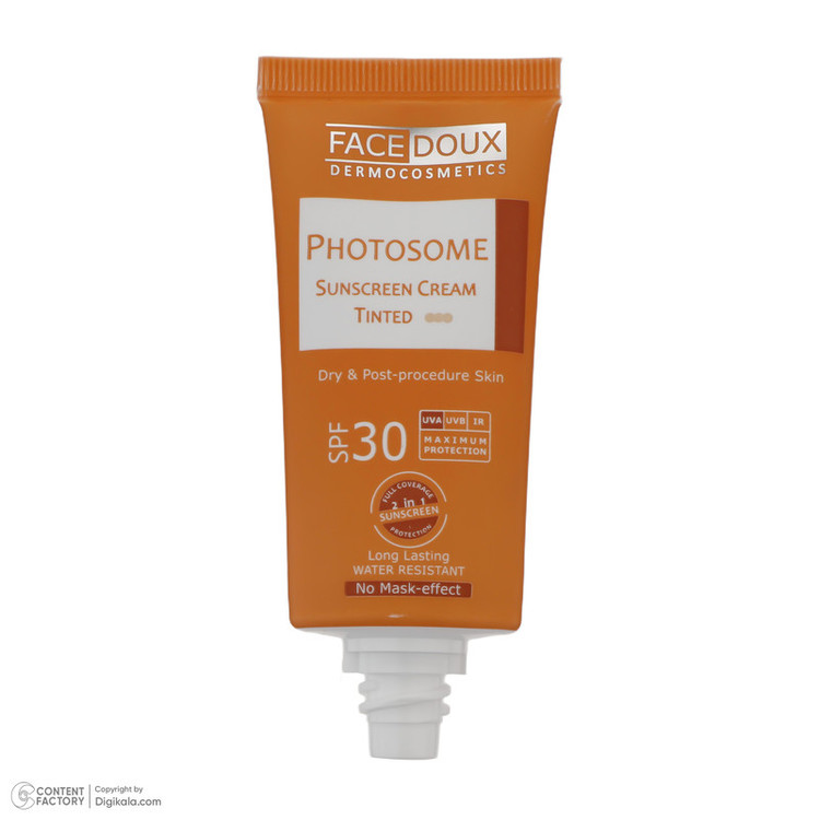 کرم ضد آفتاب رنگی فیس دوکس SPF 30 مدل فوتوزوم محافظ اشعه UVA و UVB، ضد آب، مناسب پوستهای خشک حجم 40 میلیلیتر