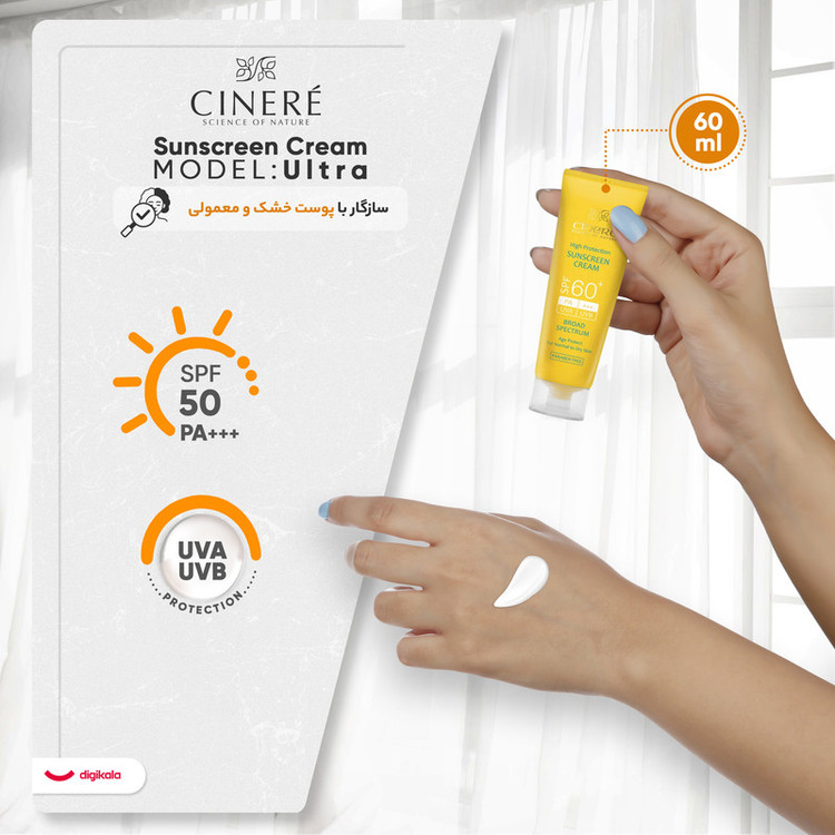 کرم ضد آفتاب بدون رنگ سینره، SPF60، مدل اولترا، مناسب پوست معمولی و خشک و حجم 50 میلیلیتر، محافظت کننده در برابر اشعه UVA و UVB، بدون پارابن، +++PA، ضد پیری پوست، با ماندگاری 2 ساعته