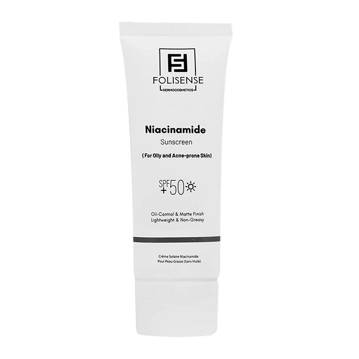 فلوئید ضد آفتاب بی‌رنگ صورت فولیسنس SPF 50 مدل نیاسینامید محافظ در برابر UVA/UVB ‌مناسب برای پوست چرب، مختلط، آکنه‌دار حجم 40 میلی‌لیتر