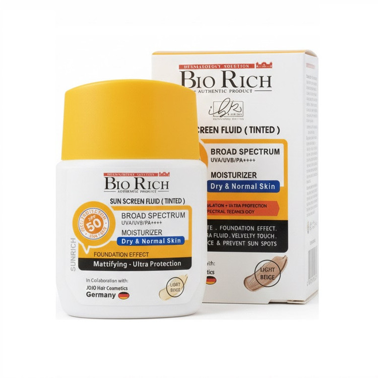 فلوئید ضد آفتاب رنگی صورت بایوریچ SPF 50 مدل BROAD SPECTRUM محافظ UVA ،UVB و PA+++ مناسب برای پوست خشک و معمولی حجم 50 میلیلیتر