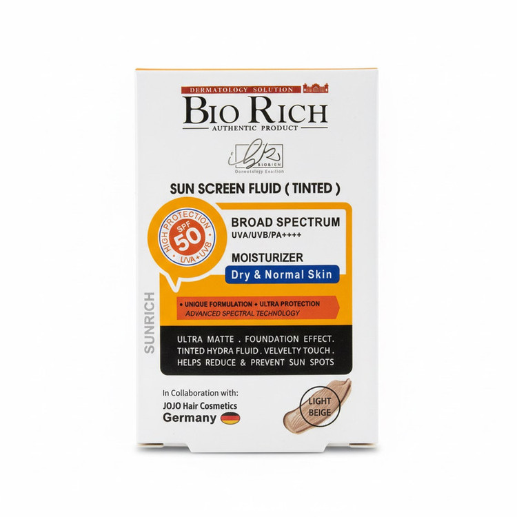 فلوئید ضد آفتاب رنگی صورت بایوریچ SPF 50 مدل BROAD SPECTRUM محافظ UVA ،UVB و PA+++ مناسب برای پوست خشک و معمولی حجم 50 میلیلیتر