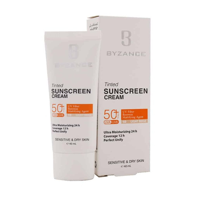 کرم ضد آفتاب رنگی صورت بیزانس SPF 50 مدل Light Beigh 10 محافظ در برابر UVA/UVB مناسب برای پوست خشک و حساس حجم 40 میلیلیتر