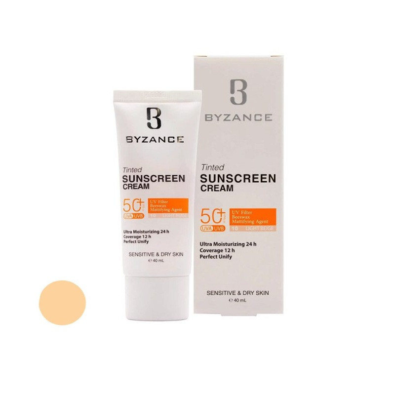 کرم ضد آفتاب رنگی صورت بیزانس SPF 50 مدل Light Beigh 10 ‌محافظ در برابر UVA/UVB مناسب برای پوست خشک و حساس حجم 40 میلی‌لیتر