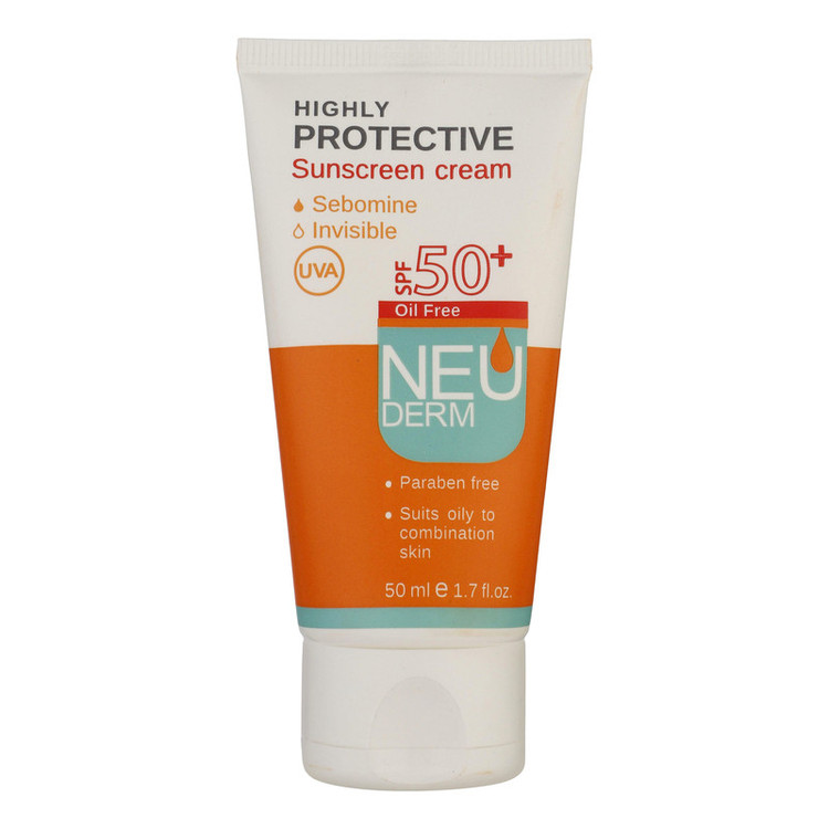 کرم ضدآفتاب بیرنگ نئودرم مدل Highly Protective SPF50، مناسب پوستهای چرب تا مختلط، حجم 50 میلیلیتر