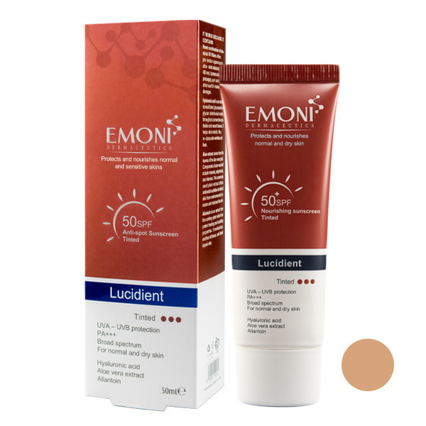کرم ضد آفتاب رنگی امونی درماسیوتیکس SPF 50 مدل لوسیدنت مناسب پوستهای خشک، معمولی و حساس حجم 50 میلیلیتر