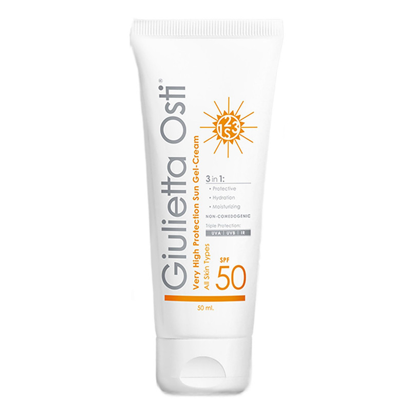 ژل ضدآفتاب بی رنگ صورت جولیتا اوستی spf50 مدل آبرسان مناسب برای انواع پوست حجم 50 میلی لیتر