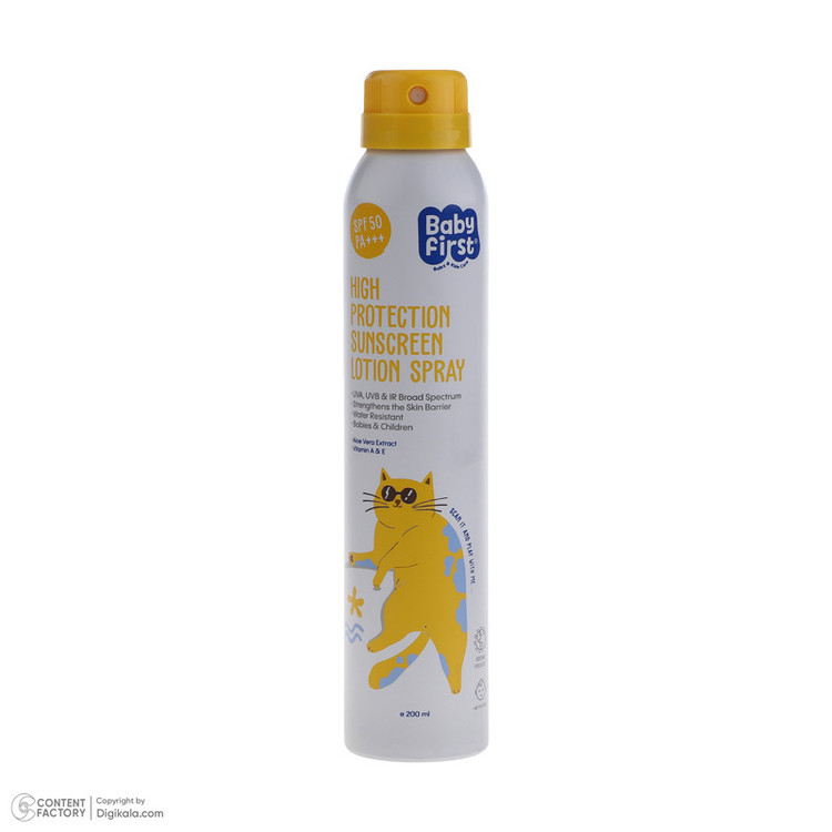 اسپری ضد آفتاب بدون رنگ بیبی فرست SPF 50 مدل پروبیوتیک محافظت کننده در برابر اشعه UVB,UVA با PA+++ مناسب پوستهای معمولی حجم 200 میلیلیتر