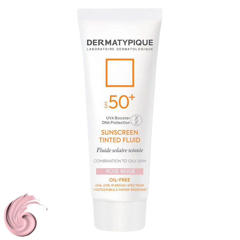 فلوئید ضدآفتاب رنگی درماتیپیک، 50 SPF، مدل TINTED FLUID، مناسب پوست مختلط تا چرب تنالیته رنگ خیلی روشن و حجم 50 میلی‌لیتر، محافظت کننده در برابر اشعه UVA، UVB، IR، ضد آب، فاقد چربی، محافظ DNA سلولی، تنظیم کننده چربی و ضد پیری پوست، با ماندگاری 2 ساعته