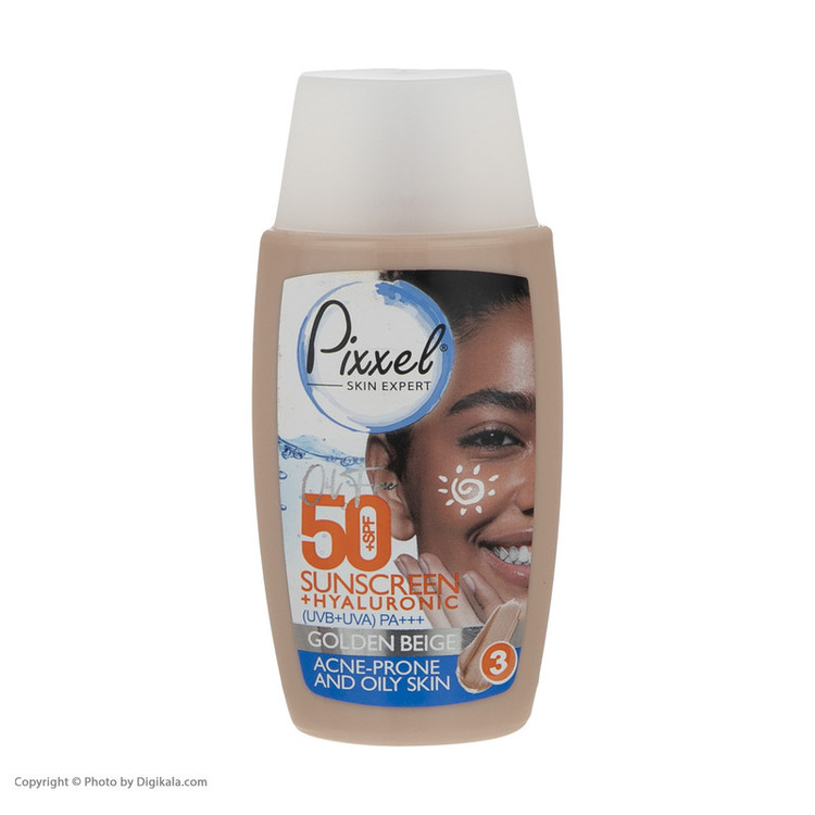 کرم ضد آفتاب رنگی پیکسل، SPF 50، مدل GOLDEN BEIGE، مناسب پوستهای آکنهدار و چرب با تنالیته تیره و حجم 50 میلیلیتر، محافظتکننده در برابر اشعههای UVA و PA ،UVB+++، ضد جوش و آکنه، دارای فرمولاسیون فاقد چربی و هیالورونیک اسید، با ماندگاری 2 ساعته
