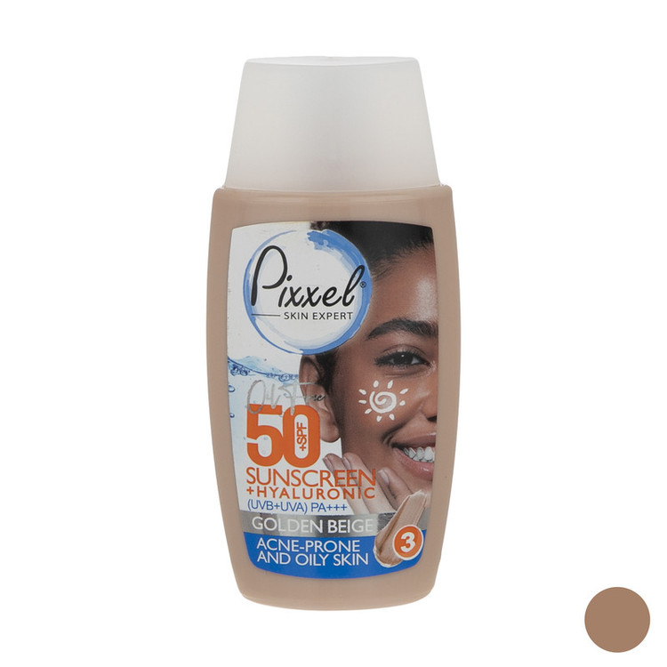 کرم ضد آفتاب رنگی پیکسل، SPF 50، مدل GOLDEN BEIGE، مناسب پوستهای آکنهدار و چرب با تنالیته تیره و حجم 50 میلیلیتر، محافظتکننده در برابر اشعههای UVA و PA ،UVB+++، ضد جوش و آکنه، دارای فرمولاسیون فاقد چربی و هیالورونیک اسید، با ماندگاری 2 ساعته