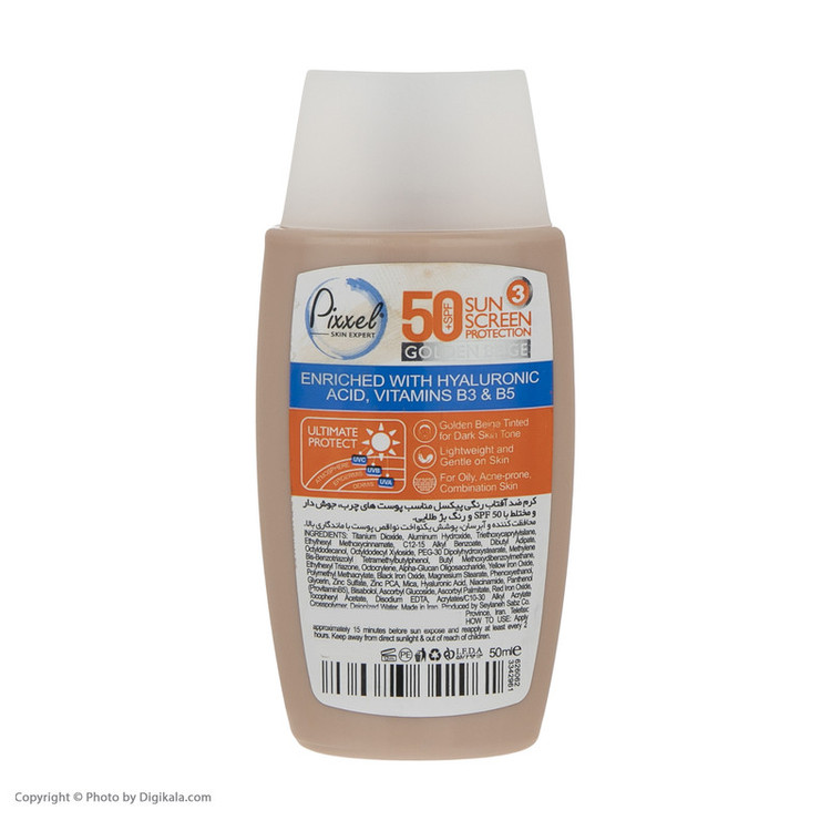 کرم ضد آفتاب رنگی پیکسل، SPF 50، مدل GOLDEN BEIGE، مناسب پوستهای آکنهدار و چرب با تنالیته تیره و حجم 50 میلیلیتر، محافظتکننده در برابر اشعههای UVA و PA ،UVB+++، ضد جوش و آکنه، دارای فرمولاسیون فاقد چربی و هیالورونیک اسید، با ماندگاری 2 ساعته