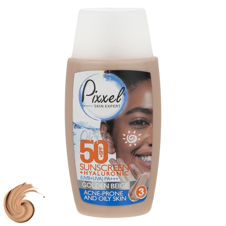 کرم ضد آفتاب رنگی پیکسل، SPF 50، مدل GOLDEN BEIGE، مناسب پوستهای آکنهدار و چرب با تنالیته تیره و حجم 50 میلیلیتر، محافظتکننده در برابر اشعههای UVA و PA ،UVB+++، ضد جوش و آکنه، دارای فرمولاسیون فاقد چربی و هیالورونیک اسید، با ماندگاری 2 ساعته